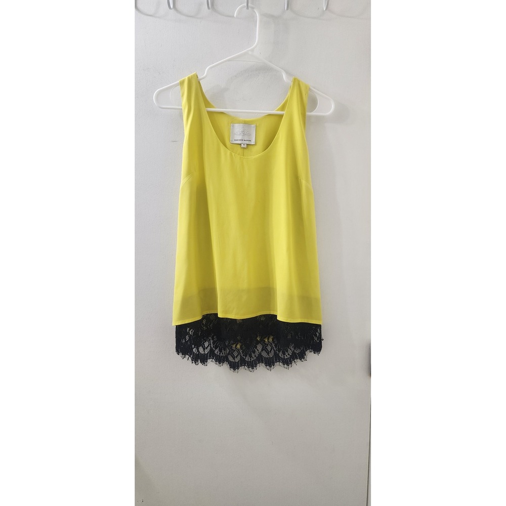 Madison Marcus Neon Yellow 100% Silk Black Lace Hem Tank Top Back Zip Small